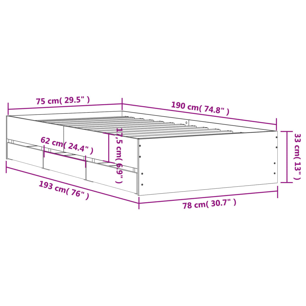 vidaXL Posteľný rám so zásuvkami dymový dub 75x190 cm kompozitné drevo