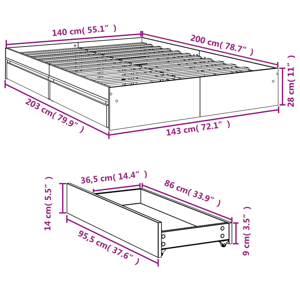 vidaXL Posteľný rám so zásuvkami dymový dub 140x200cm kompozitné drevo