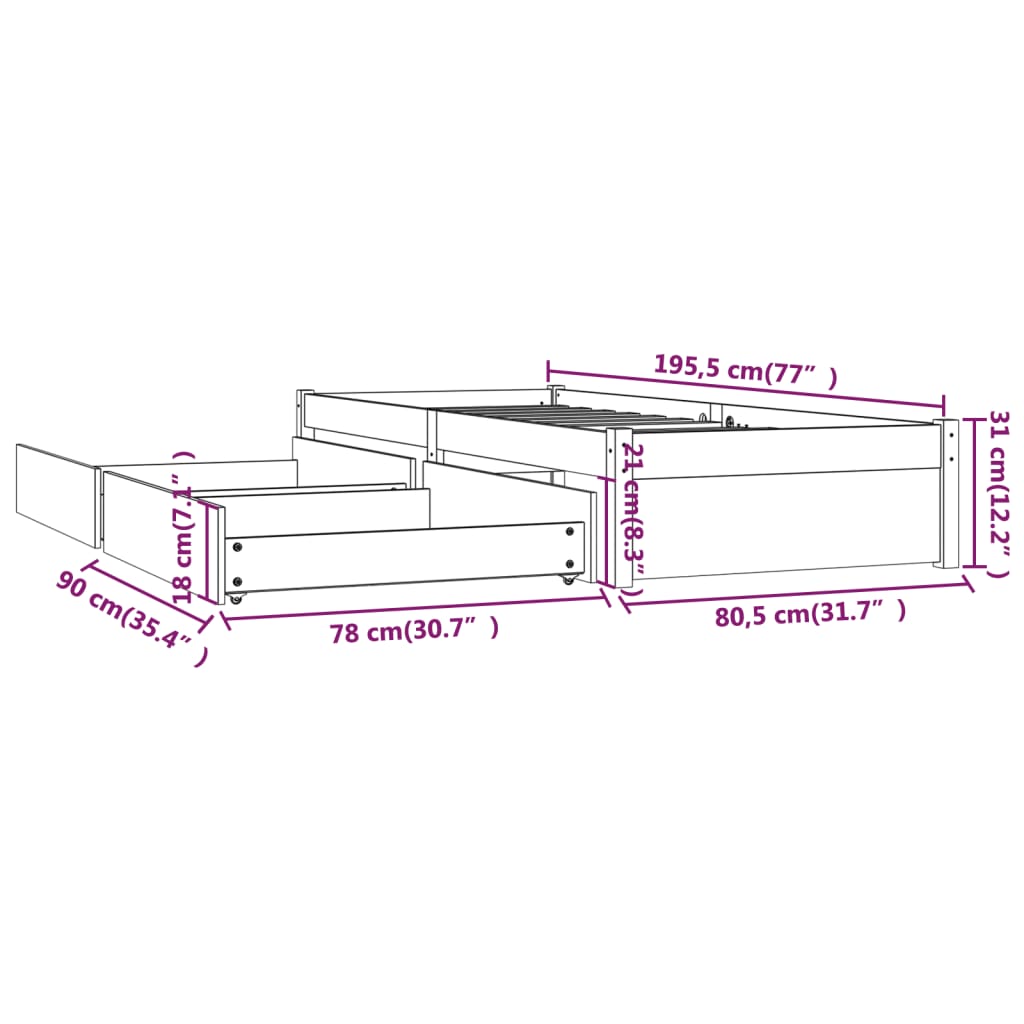 vidaXL Posteľný rám so zásuvkami 75x190 cm 2FT6 malé jednolôžko