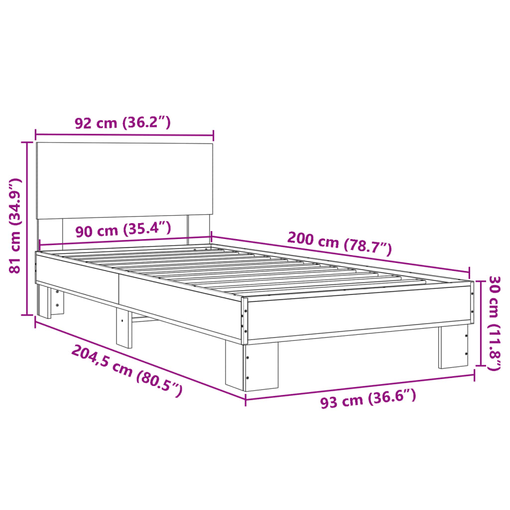 vidaXL Posteľný rám dub sonoma 90x200 cm kompozitné drevo a kov