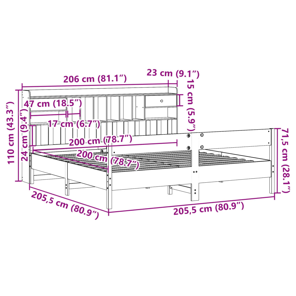 vidaXL Posteľ s knižnicou bez matraca vosková 200x200 cm borovica