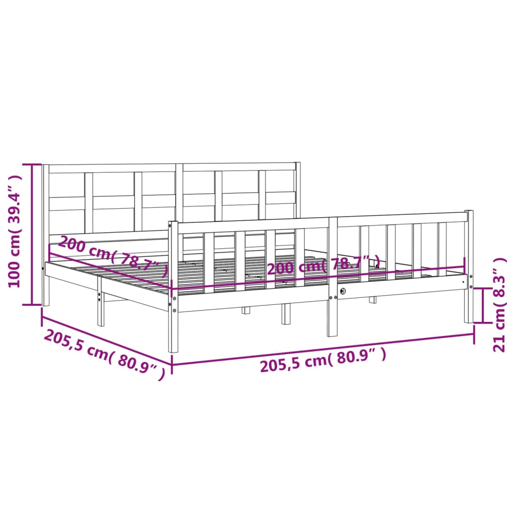 vidaXL Posteľný rám s čelom sivý 200x200 cm masívne drevo