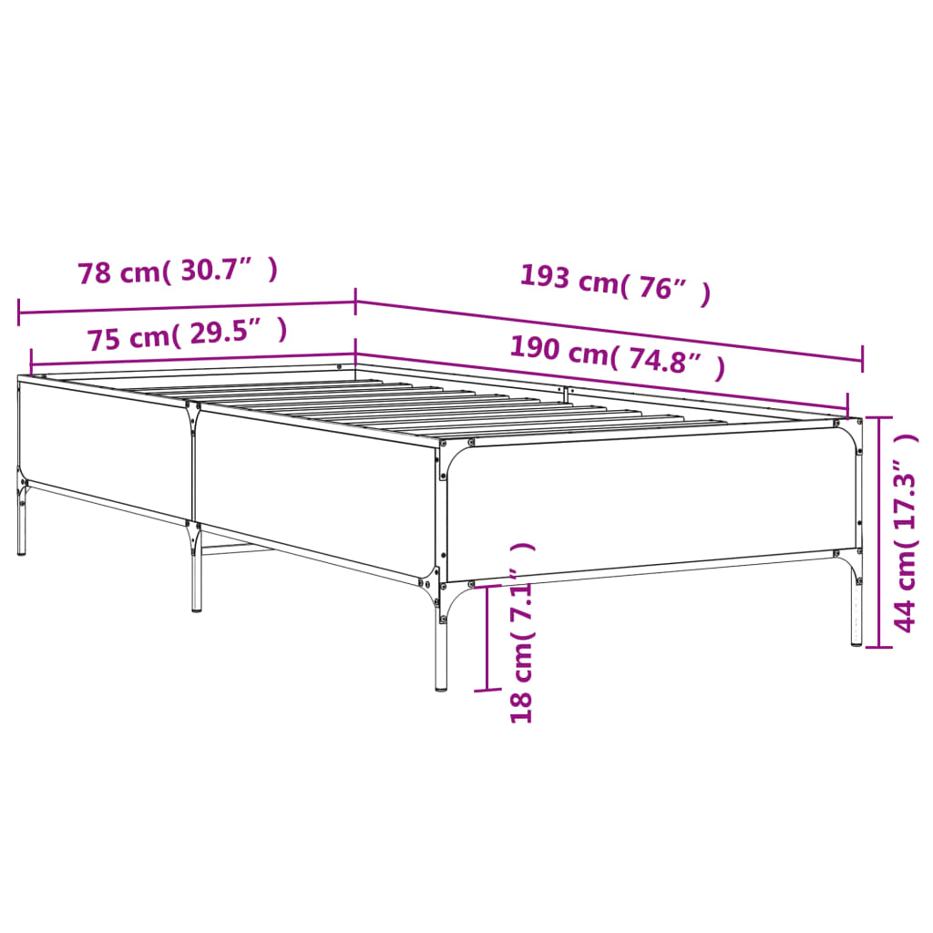 vidaXL Posteľný rám hnedý dub 75x190 cm kompozitné drevo a kov