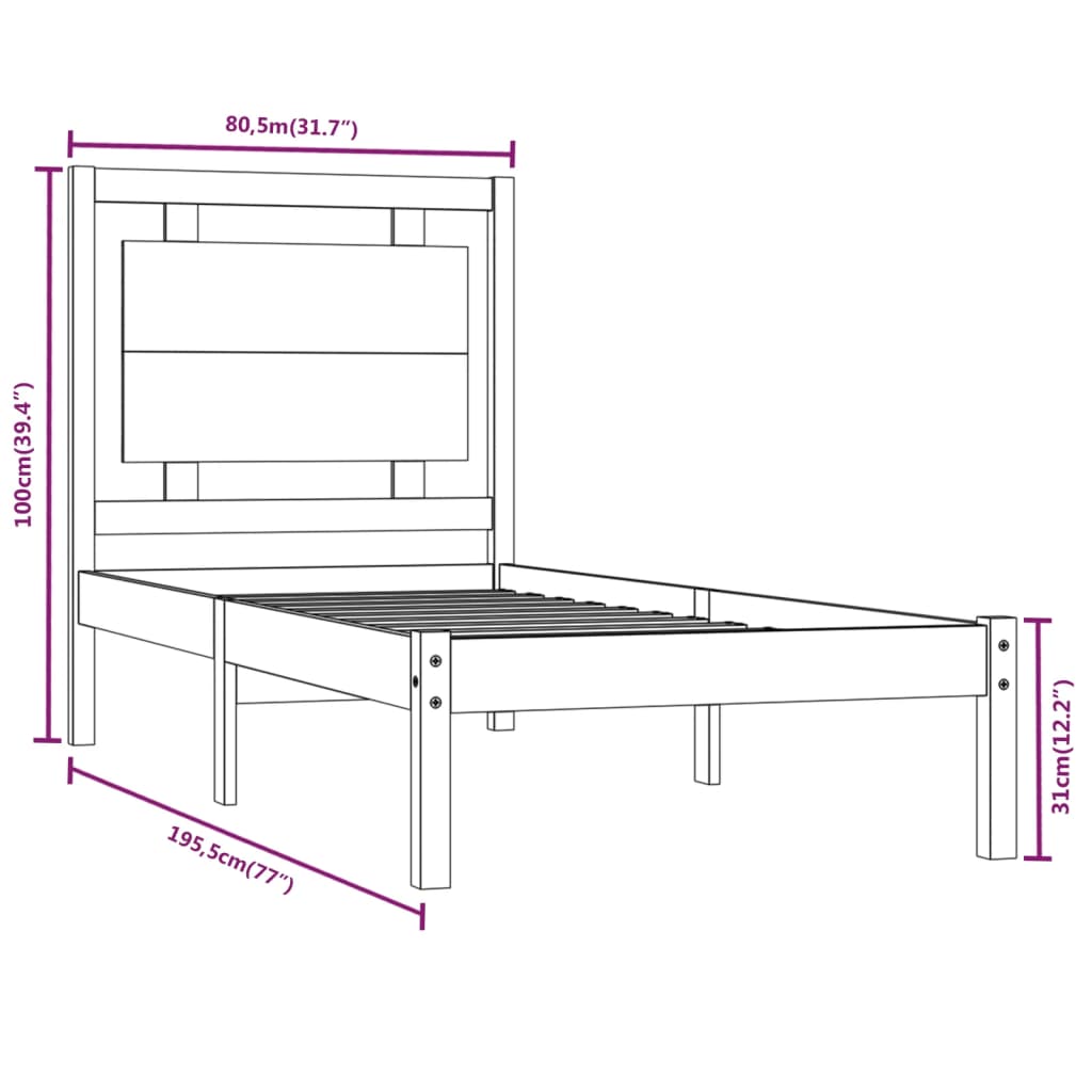 vidaXL Posteľný rám hnedý masívne drevo 75x190 cm 2FT6 malé jednolôžko