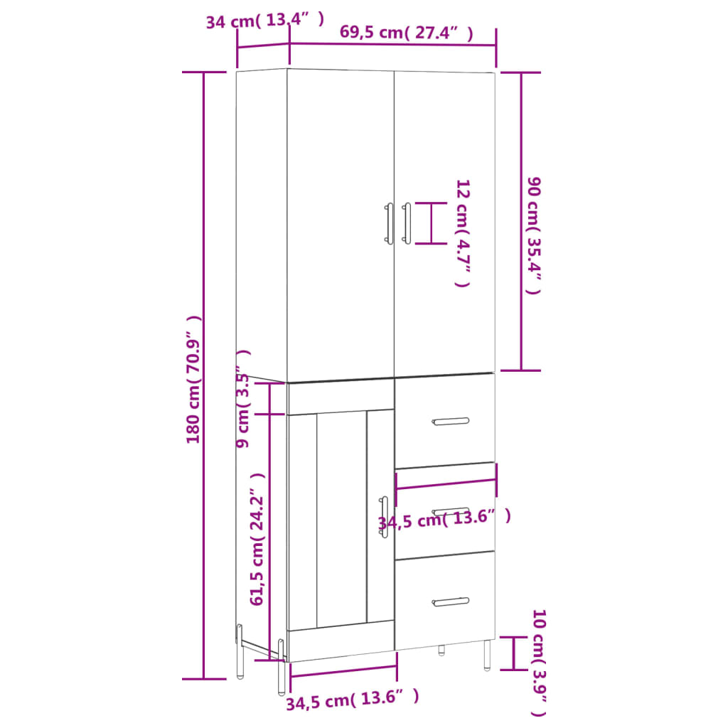 vidaXL Vysoká skrinka hnedý dub 69,5x34x180 cm spracované drevo