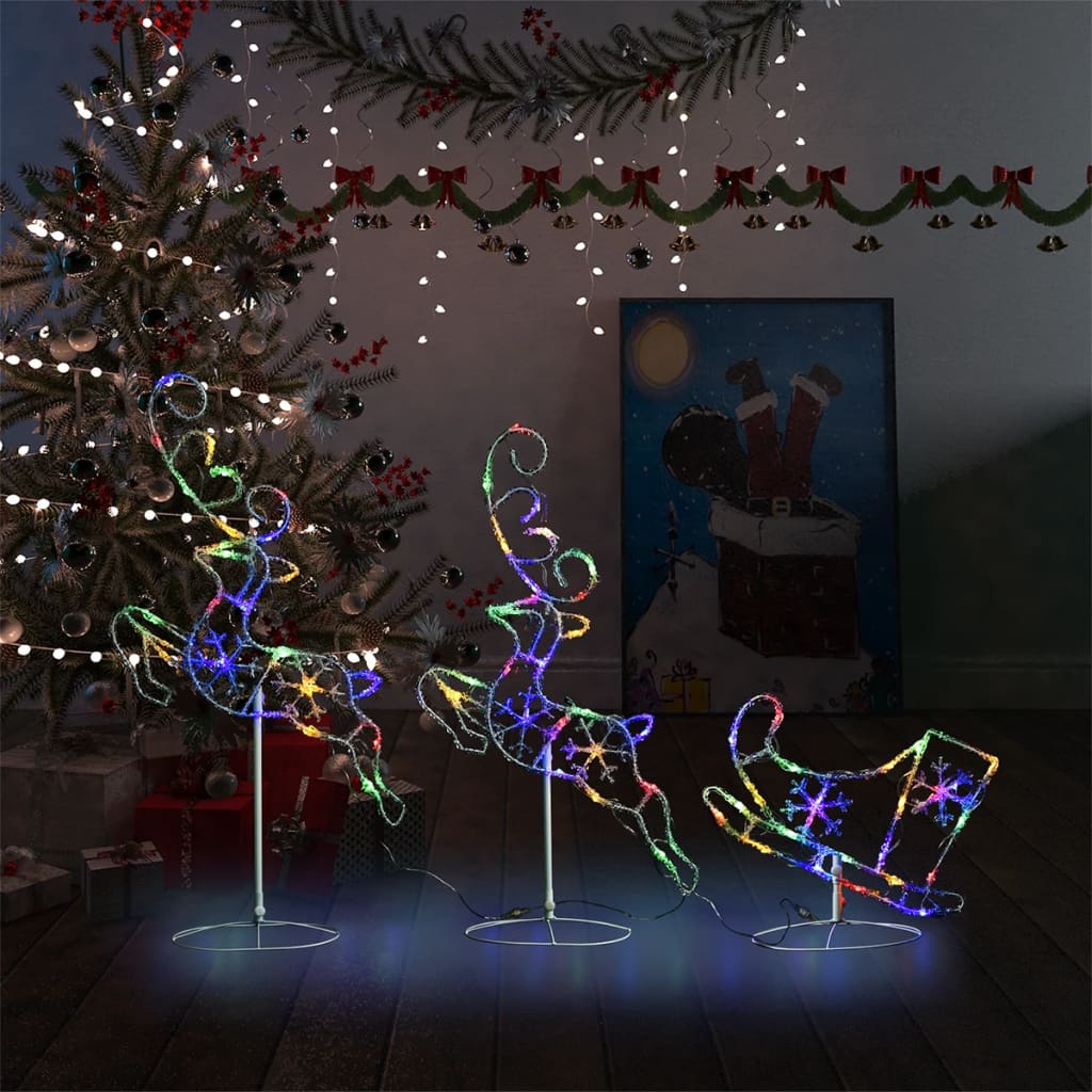 vidaXL Akrylový vianočný lietajúci sob so saňami 260x21x87cm farebný