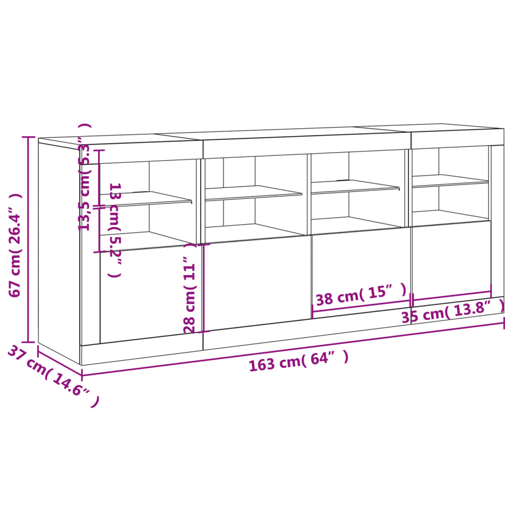 vidaXL Komoda s LED svetlami biela 163x37x67 cm