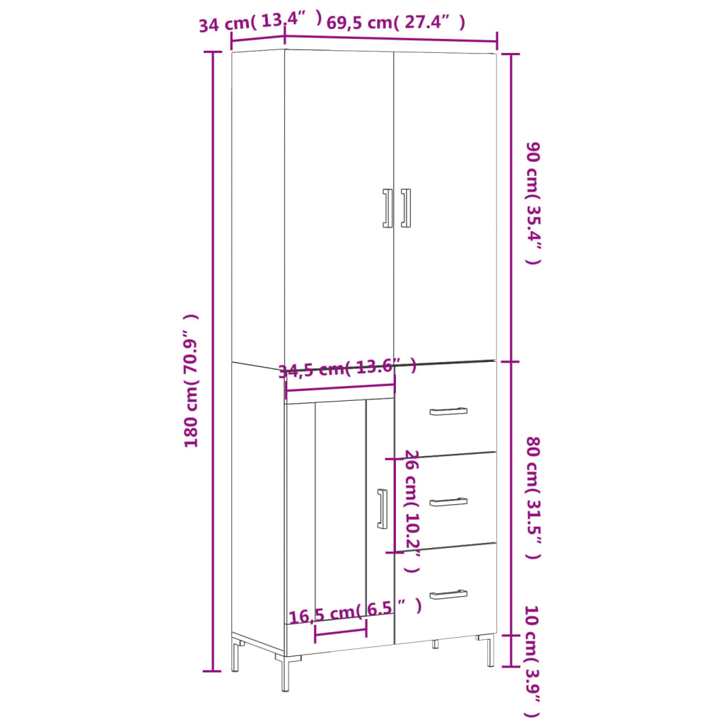 vidaXL Vysoká skrinka biela 69,5x34x180 cm spracované drevo