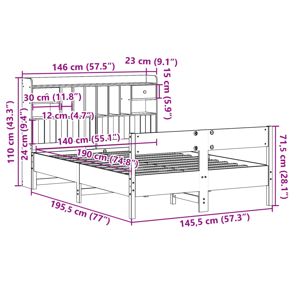 vidaXL Posteľ s knižnicou bez matraca vosková 140x190 cm borovica