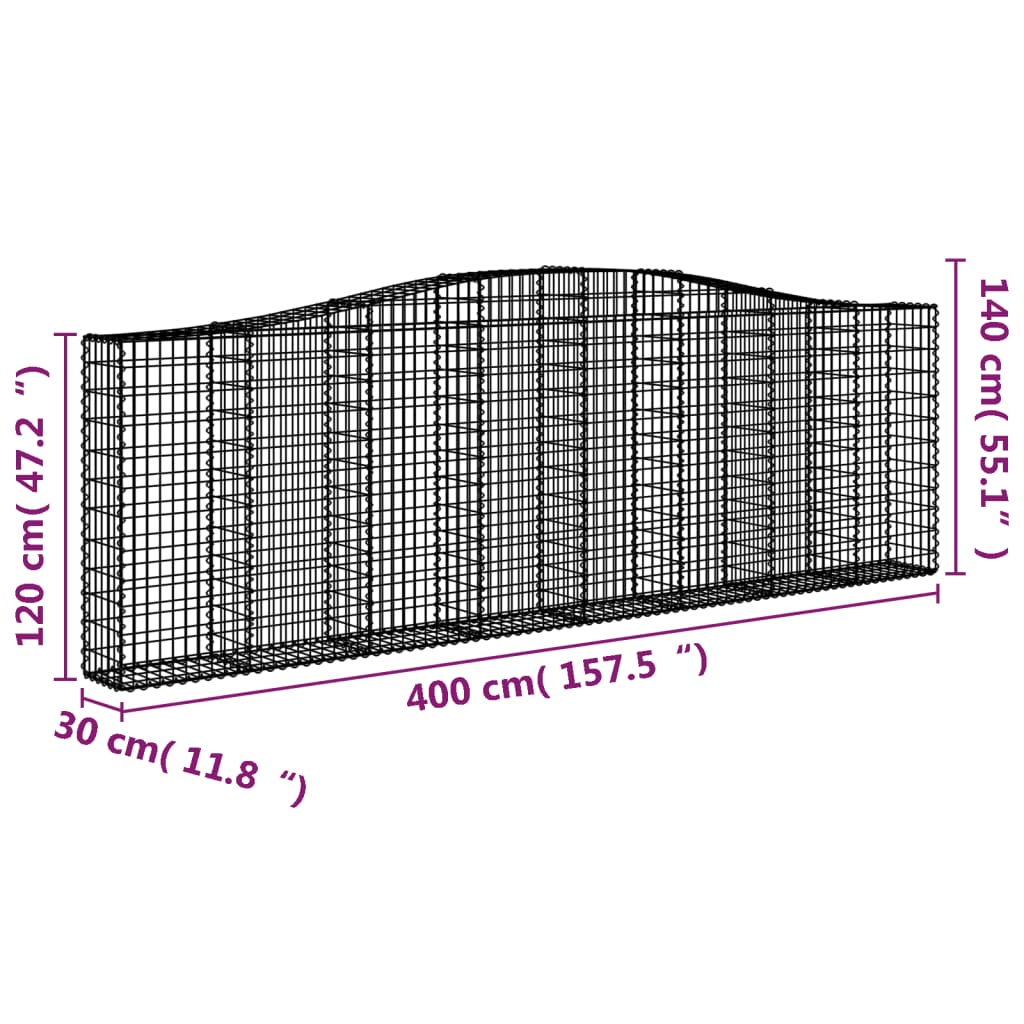 vidaXL Oblúkové gabionové koše 15 ks 400x30x120/140 cm pozink. železo