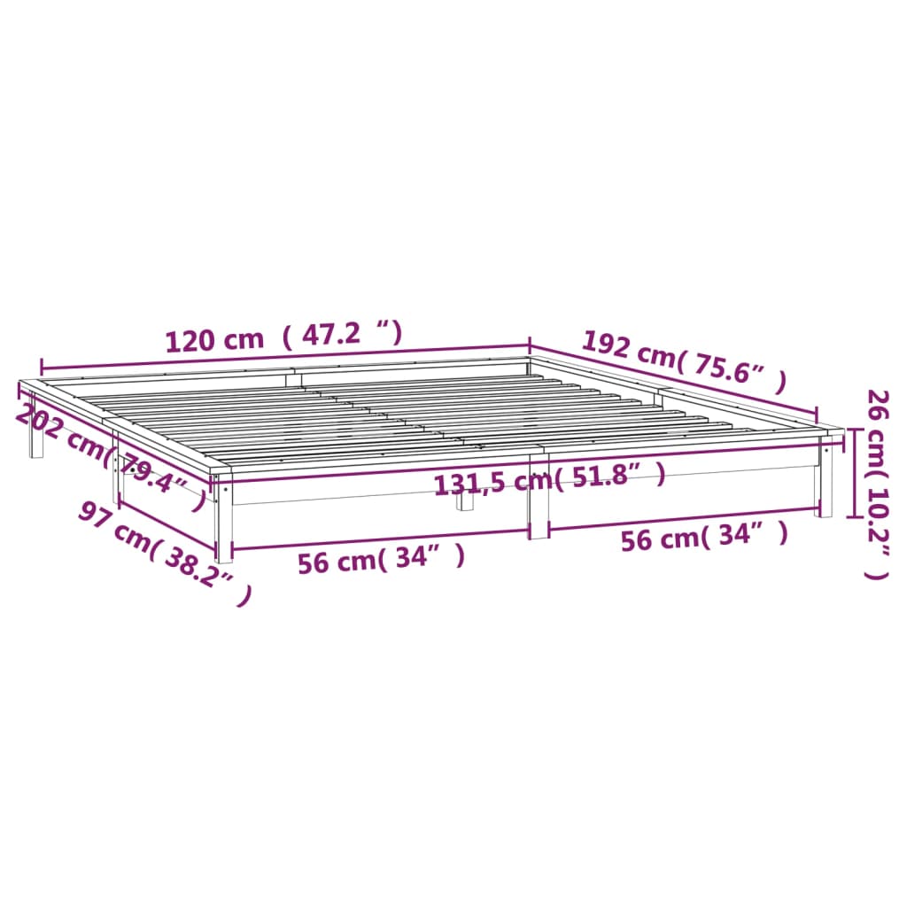 vidaXL Posteľný rám LED čierny 120x190cm malé dvojlôžko masívne drevo