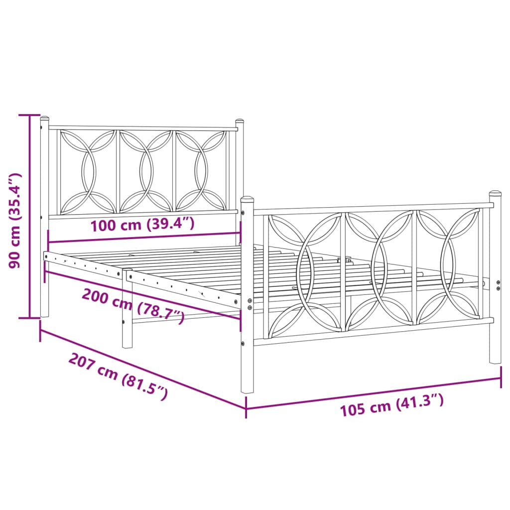 vidaXL Kovový rám postele s čelom a podnožkou biely 100x200 cm