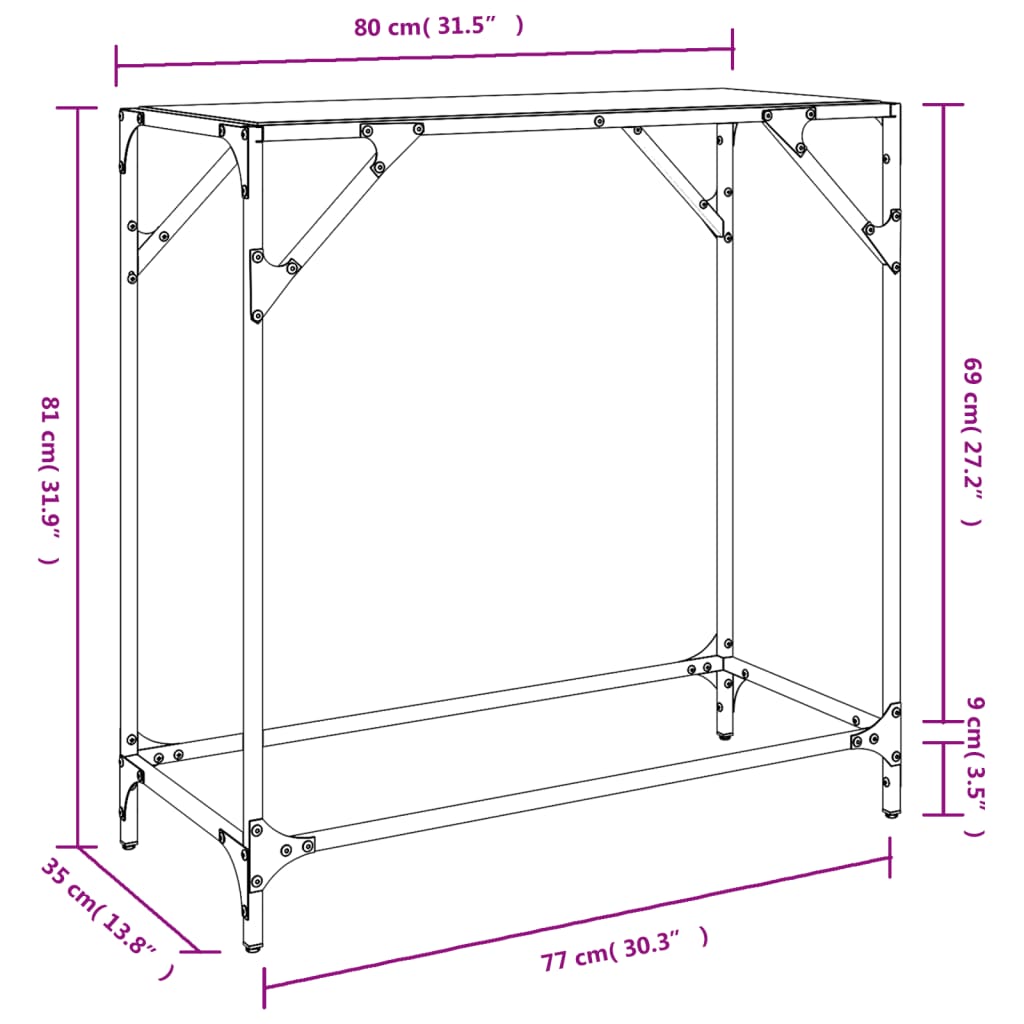 vidaXL Konzolový stolík s čiernou sklenenou doskou 60x35x81 cm oceľ