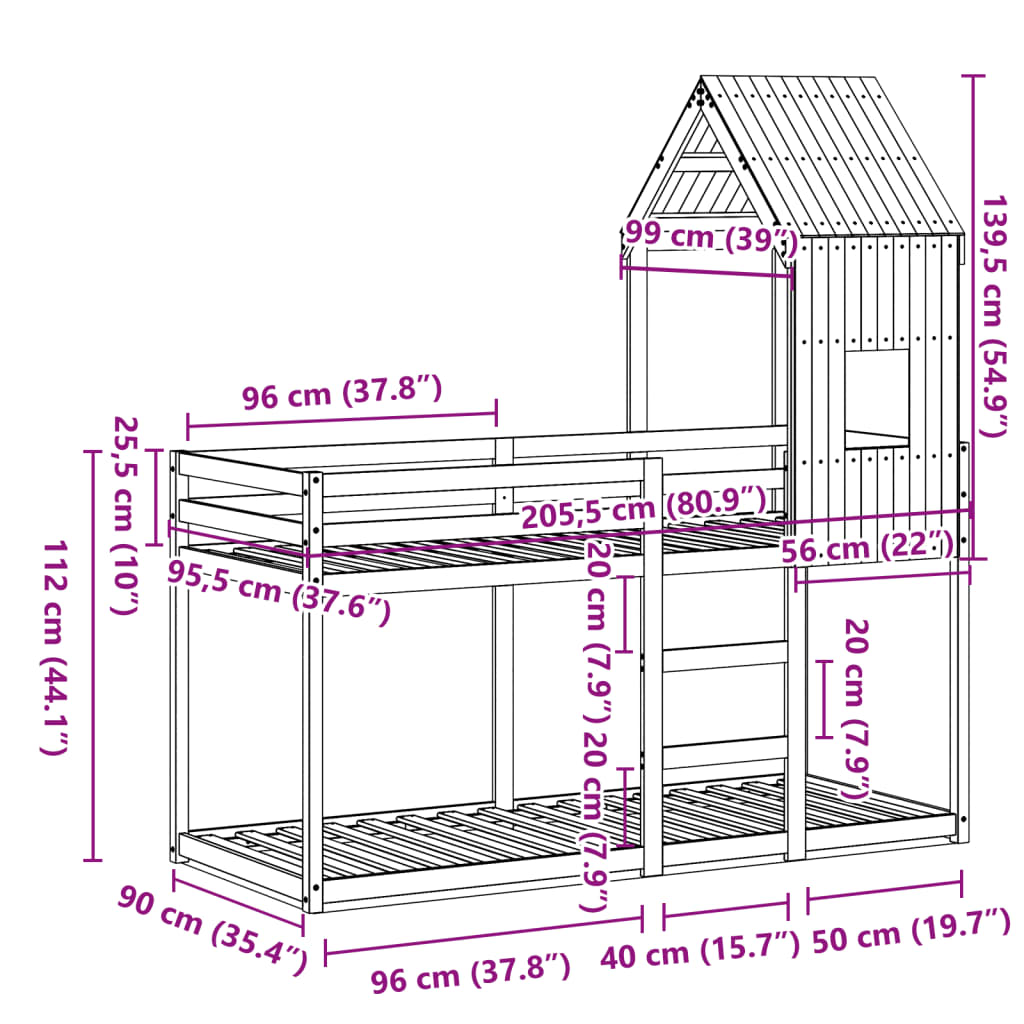 vidaXL Poschodová posteľ so strechou voskovohnedá 90x200 cm borovica