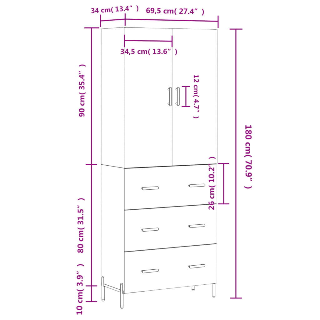 vidaXL Vysoká skrinka hnedý dub 69,5x34x180 cm spracované drevo