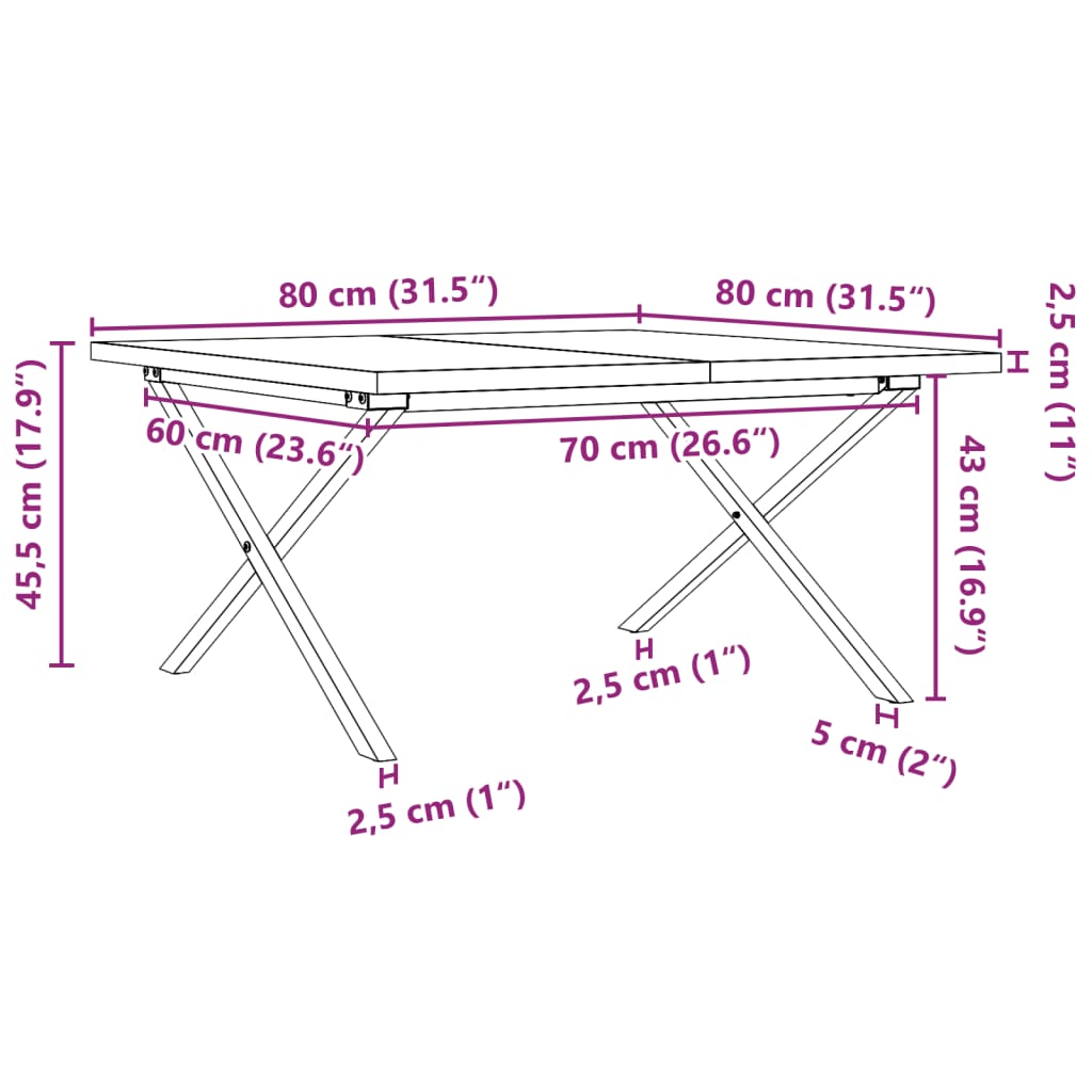 vidaXL Konferenčný stolík v tvare X 80x80x45,5 cm borovica a liatina