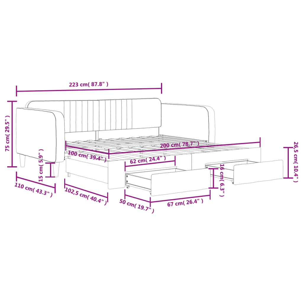 vidaXL Rozkladacia denná posteľ so zásuvkami bledosivá 100x200cm zamat