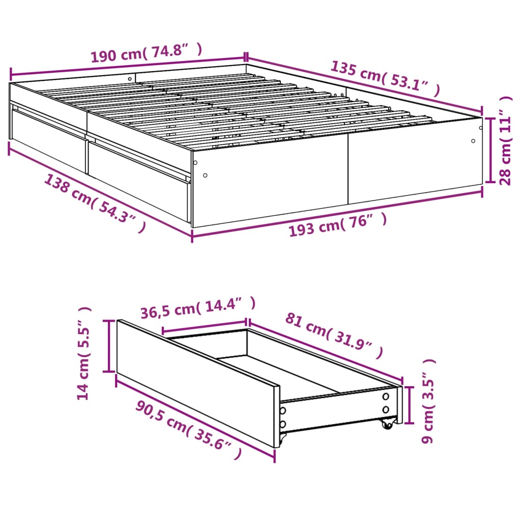 vidaXL Posteľný rám so zásuvkami čierny 135x190 cm kompozitné drevo