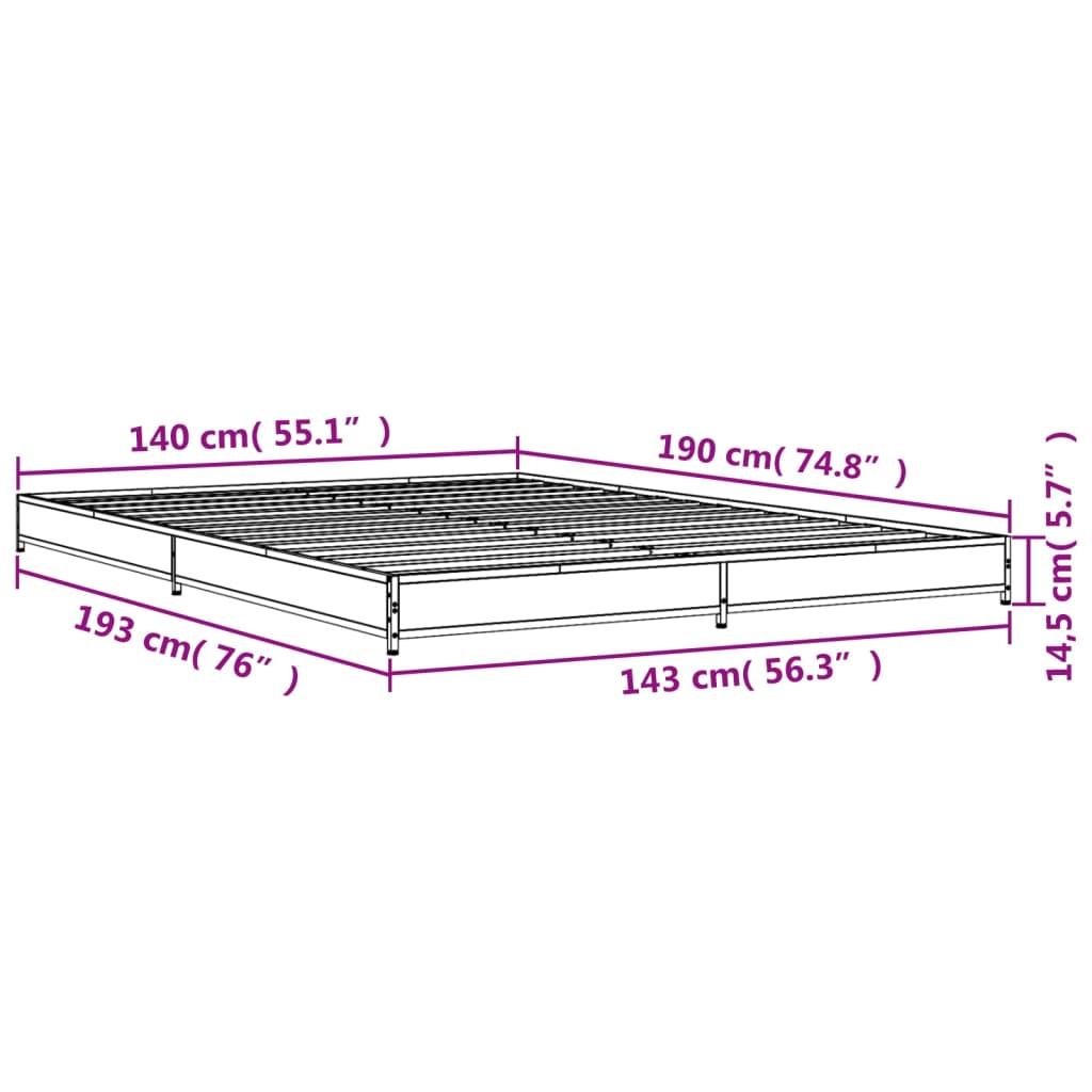 vidaXL Posteľný rám dymový dub 140x190 cm kompozitné drevo a kov