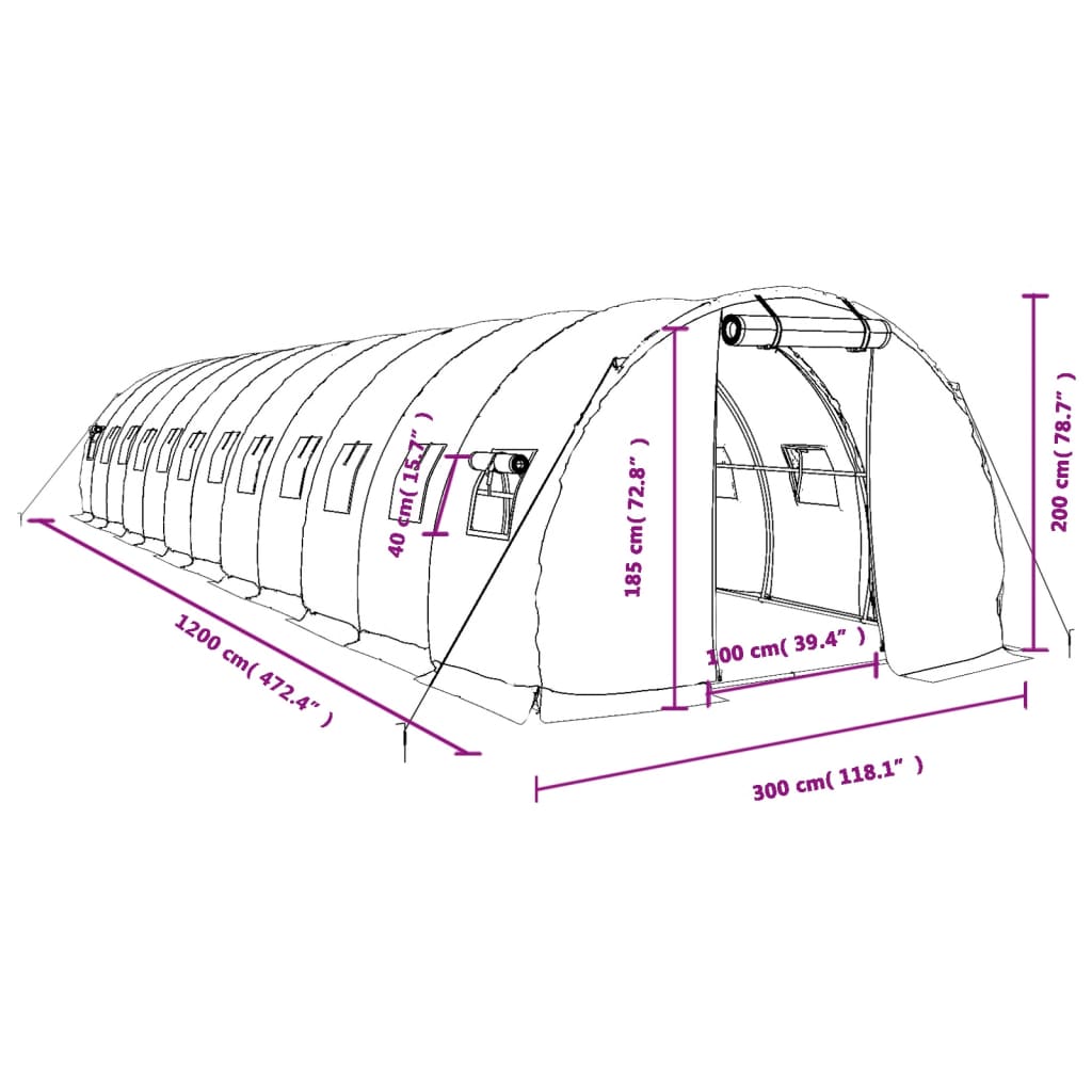 vidaXL Fóliovník s oceľovým rámom zelený 36 m² 12x3x2 m